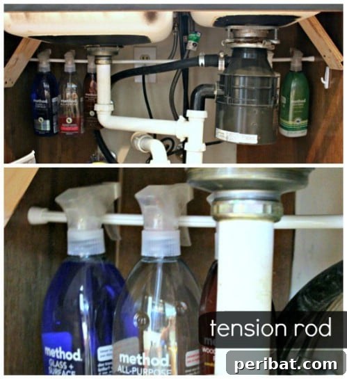 A Tension Rod Works Great Under the Sink - 150 Dollar Store Organizing Ideas and Projects for the Entire Home