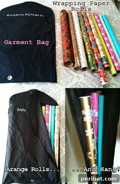 Store Wrapping Paper in a Garment Bag - 150 Dollar Store Organizing Ideas and Projects for the Entire Home