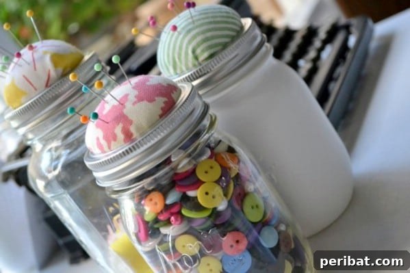 Pin Cushion and Sewing Storage from Mason Jars - 150 Dollar Store Organizing Ideas and Projects for the Entire Home