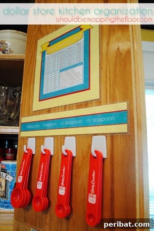 Organize Measuring Spoons Inside the Cabinet Door - 150 Dollar Store Organizing Ideas and Projects for the Entire Home