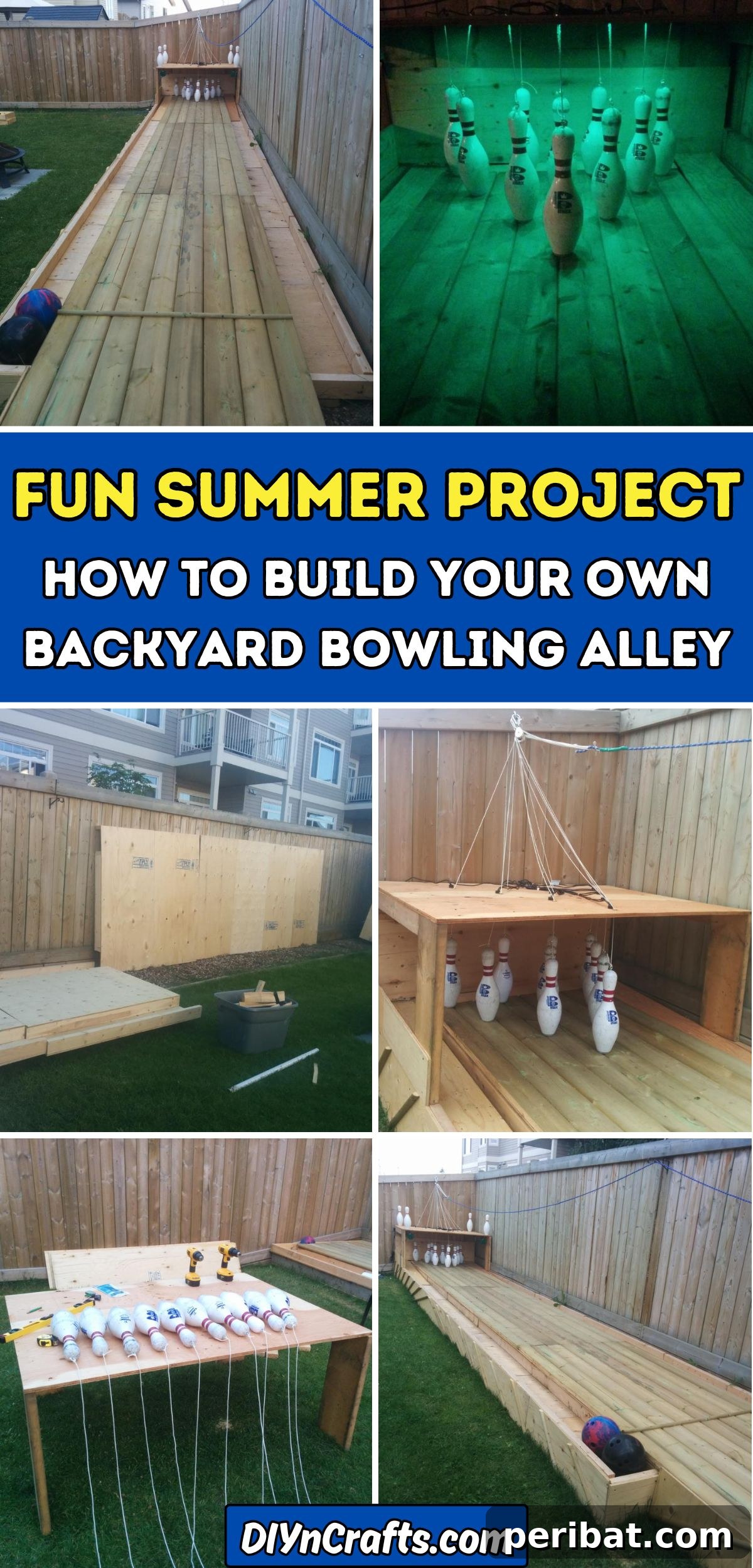Build Your Own Backyard Bowling Alley for Summer Fun 2 A vibrant collage showcasing various stages of building a backyard bowling alley, from construction to finished game.
