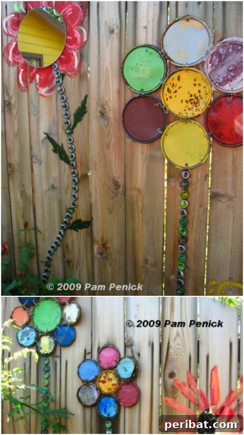 Stunning Fence Decor Ideas to Beautify Your Yard 18 Upcycled Paint Lid Flowers for Fence Decoration