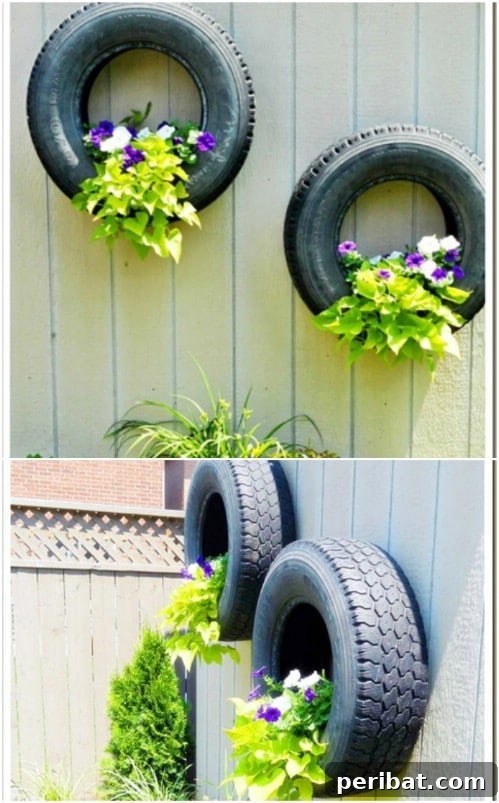 Stunning Fence Decor Ideas to Beautify Your Yard 25 Upcycled Tire Planters on a Fence