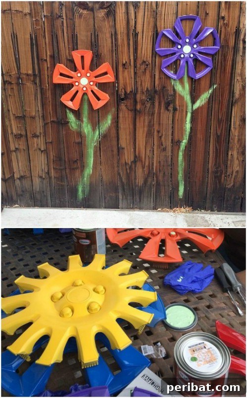 Stunning Fence Decor Ideas to Beautify Your Yard 28 Upcycled Hub Cap Fence Flowers Decoration