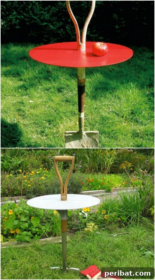 Charming Garden Table Featuring a Shovel Base