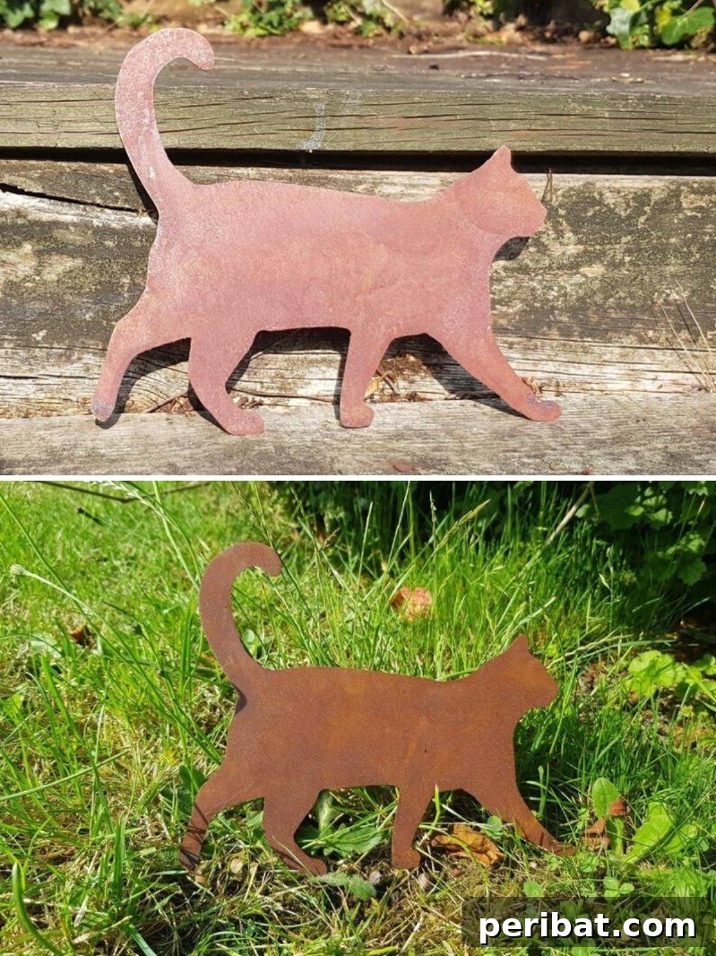 Playful Rusty Metal Cat Art for Garden or Home