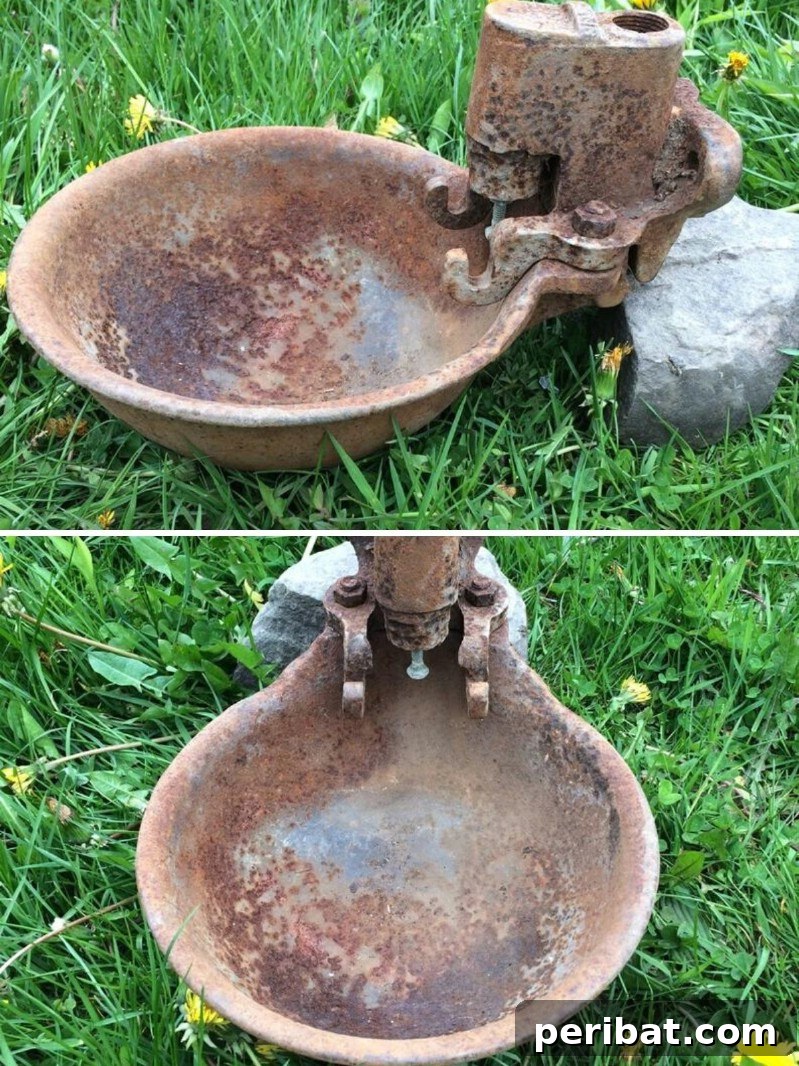 Vintage Rusty Cattle Waterer Transformed into a Birdbath