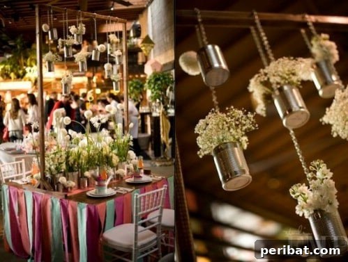 Hanging Upcycled Tin Can Vases for Outdoor Wedding