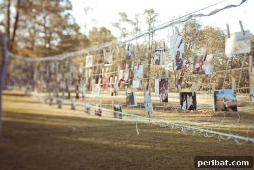 Backyard Wedding Photo Display on Volleyball Net
