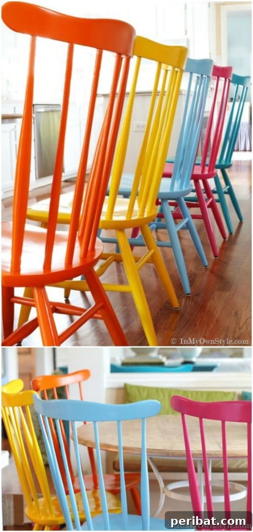 25 Stunning Painted Furniture Transformations 12 Dining chairs painted in a rainbow spectrum of colors