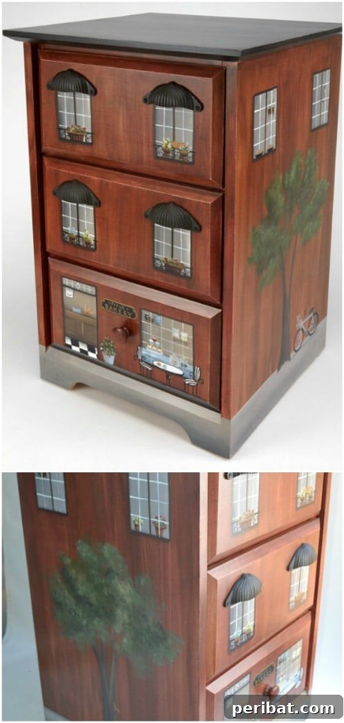 25 Stunning Painted Furniture Transformations 14 End table painted to resemble a townhouse with window awnings