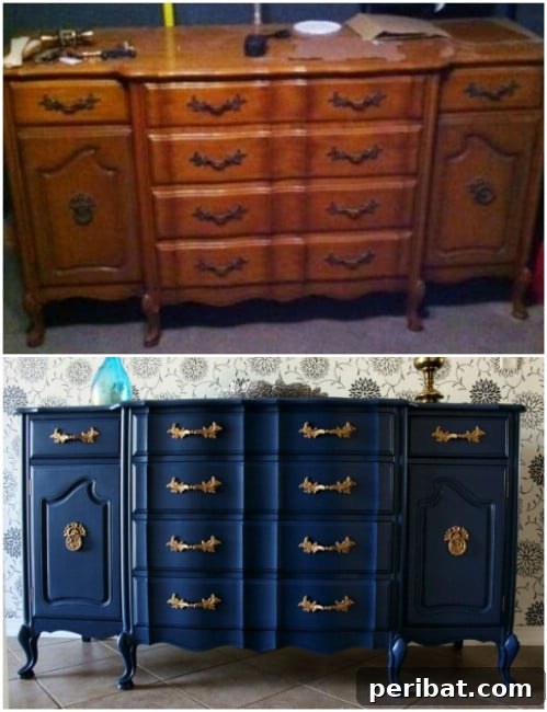 25 Stunning Painted Furniture Transformations 16 Elegant dresser with deep midnight blue paint and gold handles