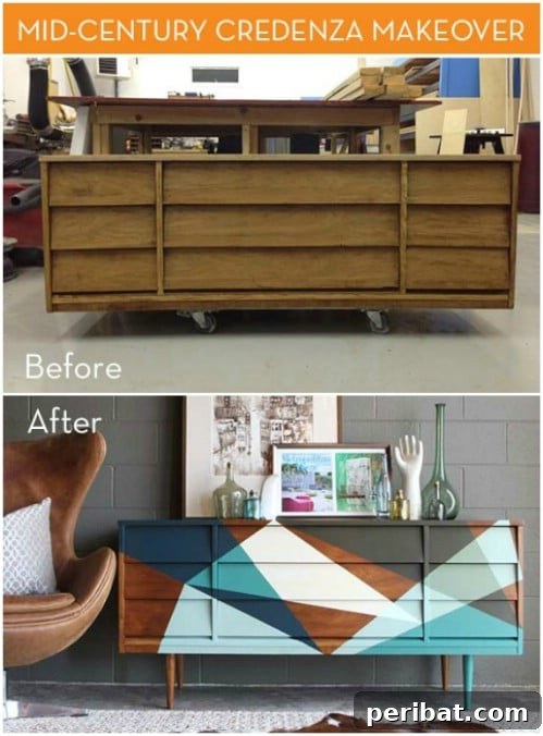 25 Stunning Painted Furniture Transformations 22 Credenza with bold geometric patterns and contrasting colors