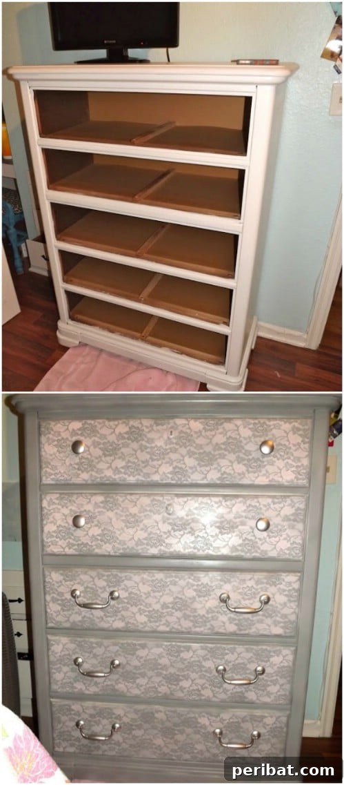 25 Stunning Painted Furniture Transformations 9 Lace design spray painted on a dresser