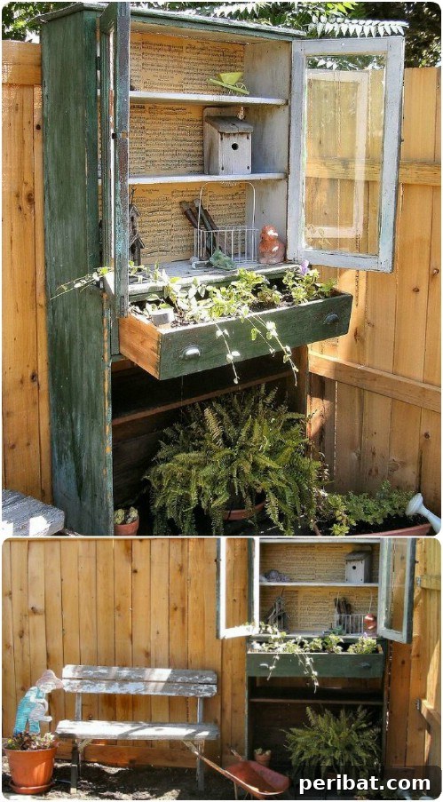 30 Ingenious Bookcase Upcycle Projects 11 Upcycled Bookcase Garden Storage for tools and plants.