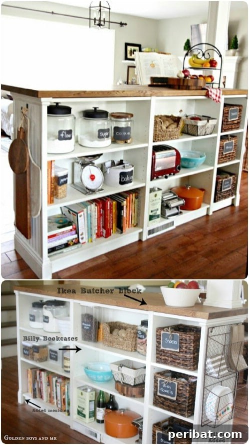 30 Ingenious Bookcase Upcycle Projects 12 Bookcase Kitchen Island with butcher block top.