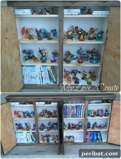 30 Ingenious Bookcase Upcycle Projects 13 Upcycled Bookcase Media Cabinet for electronics and games.