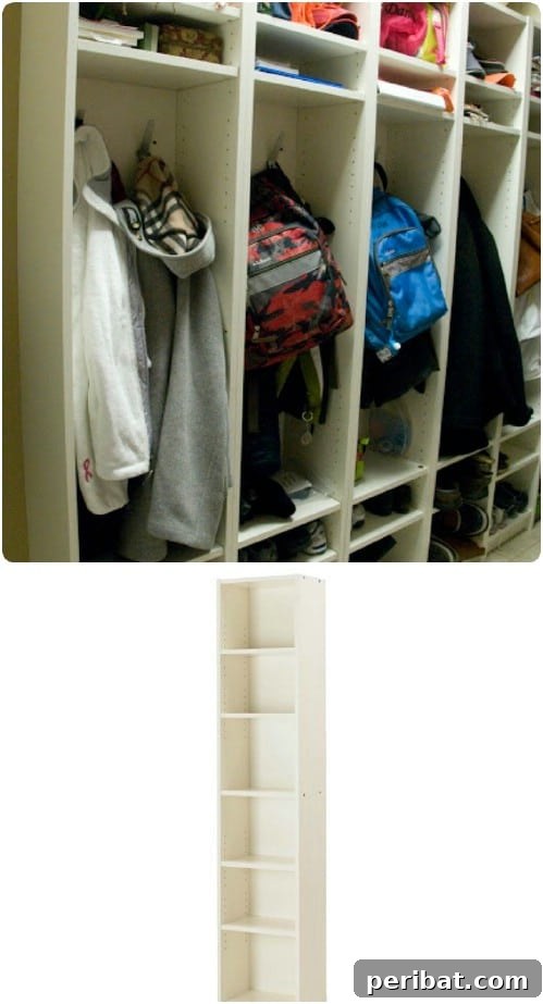 30 Ingenious Bookcase Upcycle Projects 14 Repurposed Bookcase Mudroom Center for coats and shoes.