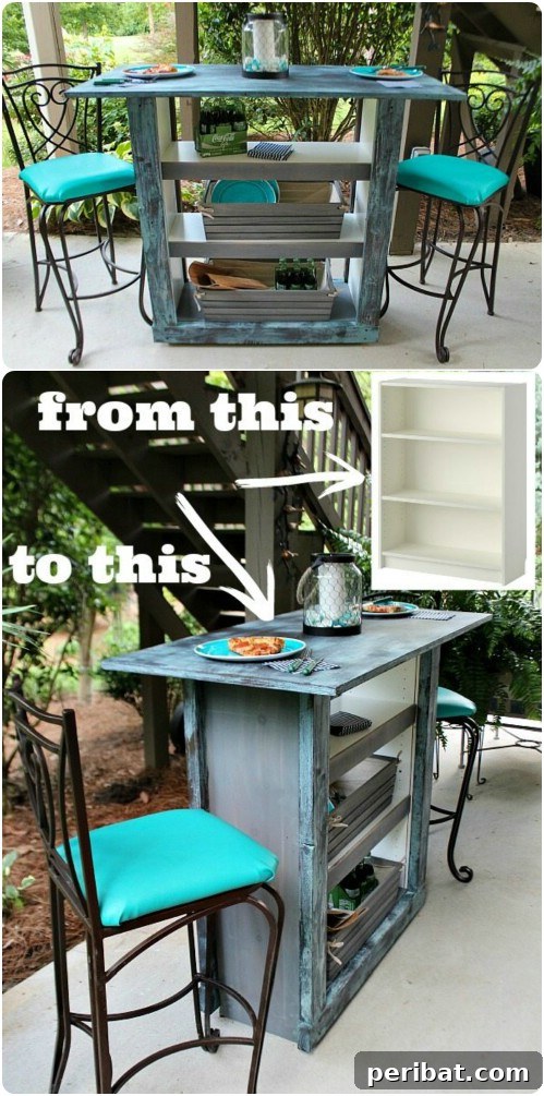 30 Ingenious Bookcase Upcycle Projects 3 DIY Repurposed Bookcase Bar Table for outdoor entertaining.