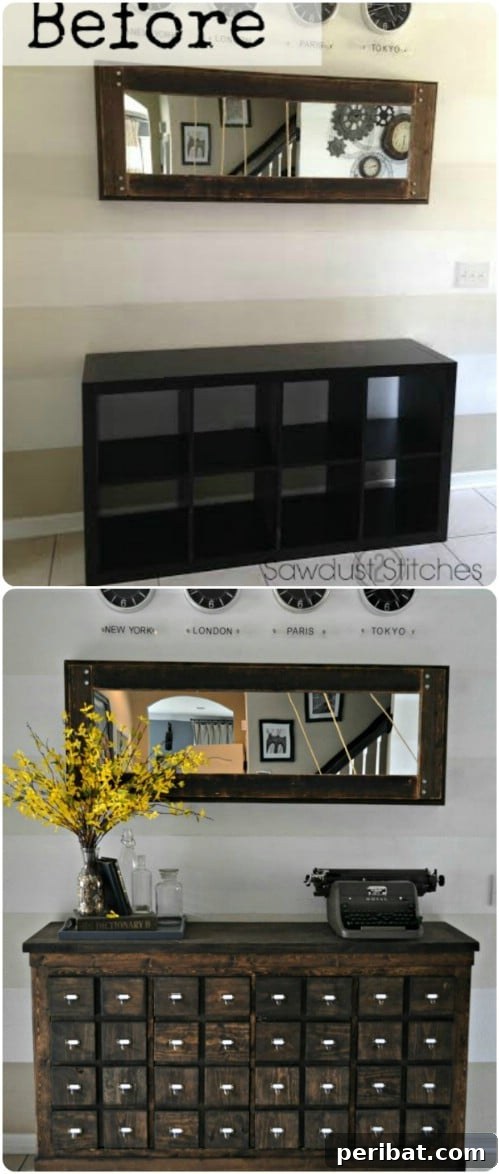 30 Ingenious Bookcase Upcycle Projects 22 Rustic Apothecary Table from a repurposed bookcase.
