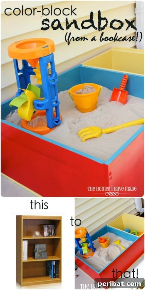 30 Ingenious Bookcase Upcycle Projects 23 Repurposed Bookcase Color Block Sandbox for kids.