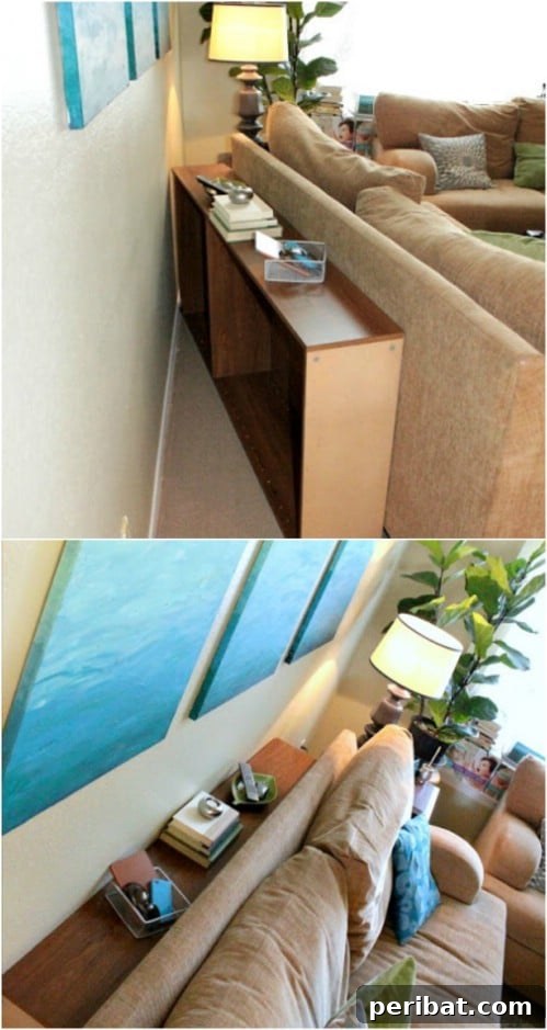 30 Ingenious Bookcase Upcycle Projects 26 Old Bookcase Turned Sofa Table behind a couch.