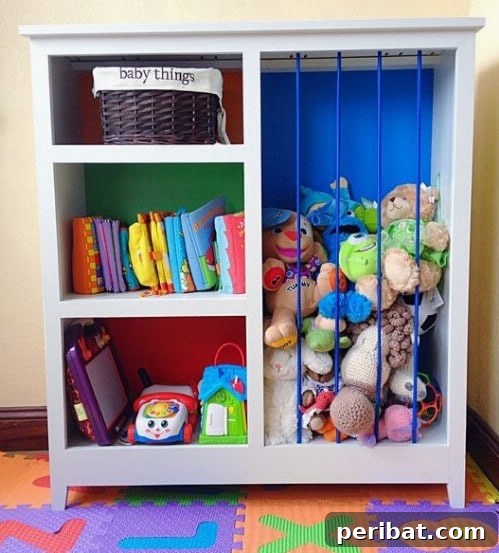 30 Ingenious Bookcase Upcycle Projects 27 Easy DIY Toy Storage with elastic bungees.