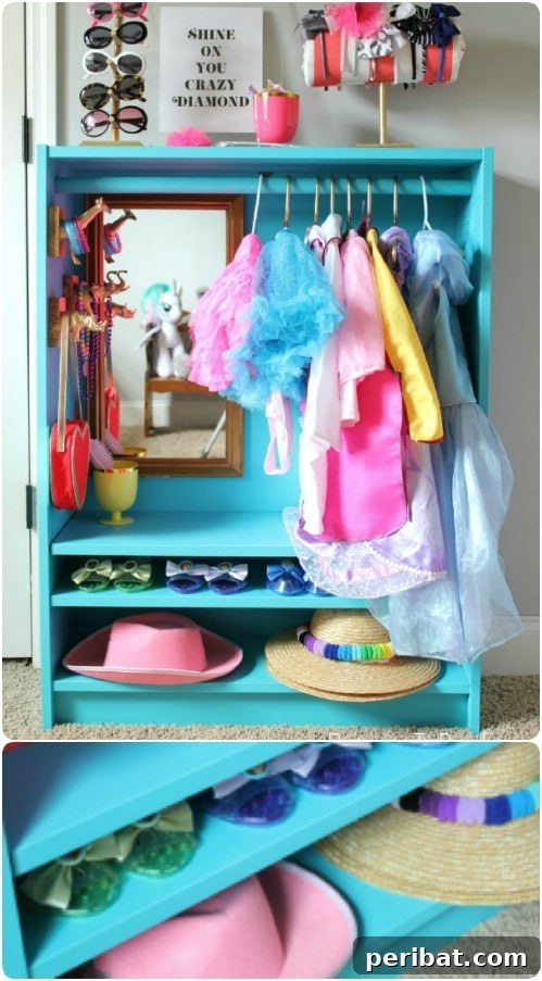 30 Ingenious Bookcase Upcycle Projects 10 DIY Bookcase Dress Up Closet for children's costumes.