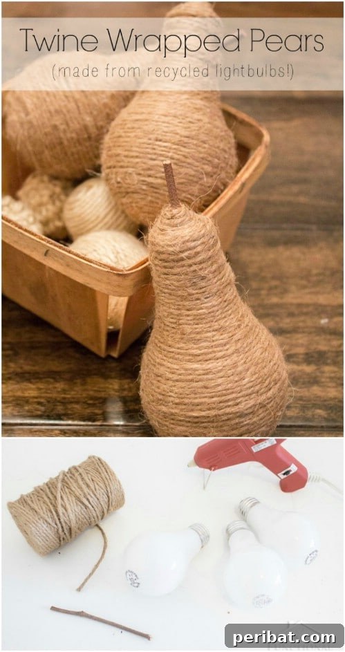 Crafting Rustic Style: Twine Decor for Indoors and Outdoors 12 Decorative pears crafted from upcycled light bulbs wrapped in twine