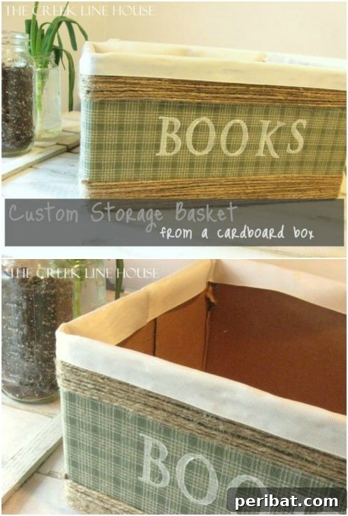 Crafting Rustic Style: Twine Decor for Indoors and Outdoors 13 Custom storage basket made from a cardboard box wrapped in twine with fabric embellishments