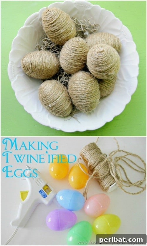 Crafting Rustic Style: Twine Decor for Indoors and Outdoors 14 Decorative DIY twine-wrapped plastic eggs for Easter or spring decor