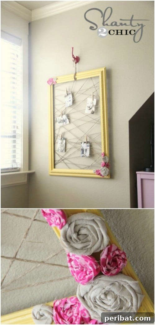 Crafting Rustic Style: Twine Decor for Indoors and Outdoors 17 Rustic picture frame using twine and mini clothespins to display photos