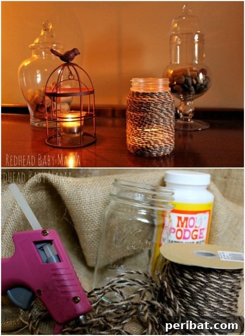 Crafting Rustic Style: Twine Decor for Indoors and Outdoors 19 Mason jar repurposed with twine and burlap for rustic storage or decor