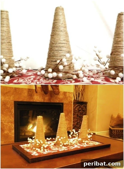 Crafting Rustic Style: Twine Decor for Indoors and Outdoors 20 Miniature Christmas trees crafted from craft cones wrapped in twine