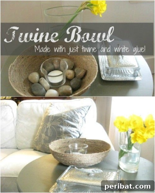 Crafting Rustic Style: Twine Decor for Indoors and Outdoors 3 Handcrafted twine bowl molded over a mixing bowl, perfect for fruit or jewelry