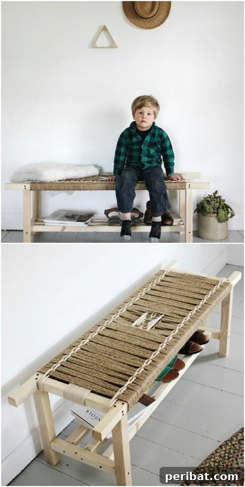 Crafting Rustic Style: Twine Decor for Indoors and Outdoors 22 Rustic DIY woven twine bench, perfect for a porch or entryway
