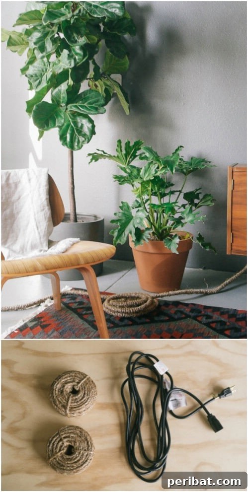 Crafting Rustic Style: Twine Decor for Indoors and Outdoors 23 Power cords wrapped in twine for a decorative and organized look