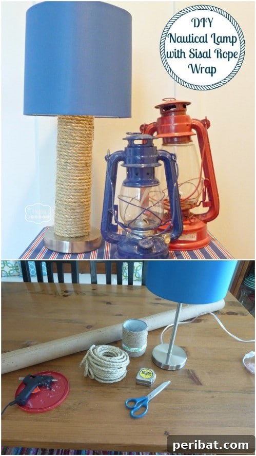 Crafting Rustic Style: Twine Decor for Indoors and Outdoors 27 Nautical lamp with its base wrapped in sisal rope, creating a beachy vibe