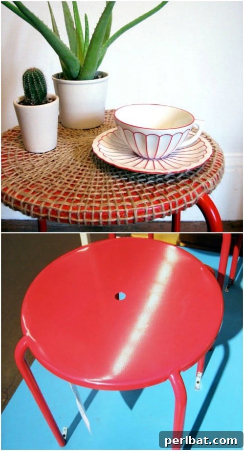 Crafting Rustic Style: Twine Decor for Indoors and Outdoors 32 IKEA Blanko stool transformed into a woven jute side table
