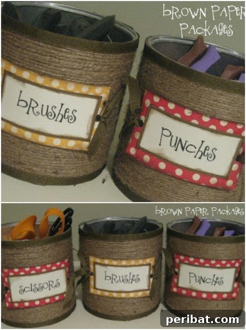Crafting Rustic Style: Twine Decor for Indoors and Outdoors 33 Upcycled coffee cans covered in twine for rustic desk or craft storage