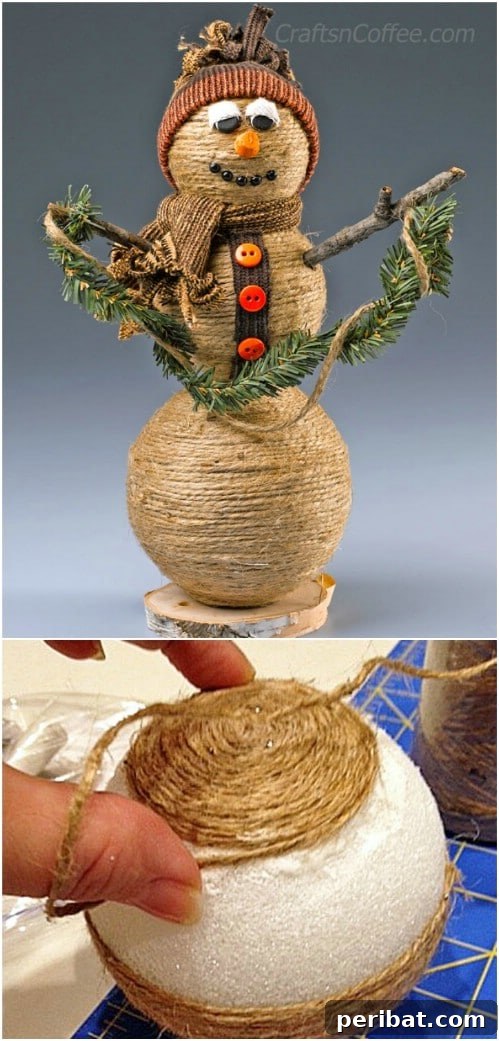 Crafting Rustic Style: Twine Decor for Indoors and Outdoors 36 Rustic snowman made from Styrofoam balls wrapped in twine, with button embellishments