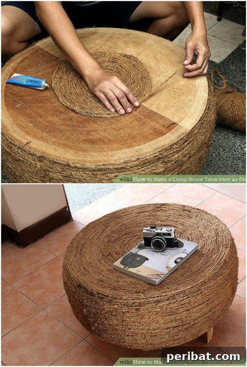 Crafting Rustic Style: Twine Decor for Indoors and Outdoors 37 Coffee table made from an old tire covered in twine with a wooden top