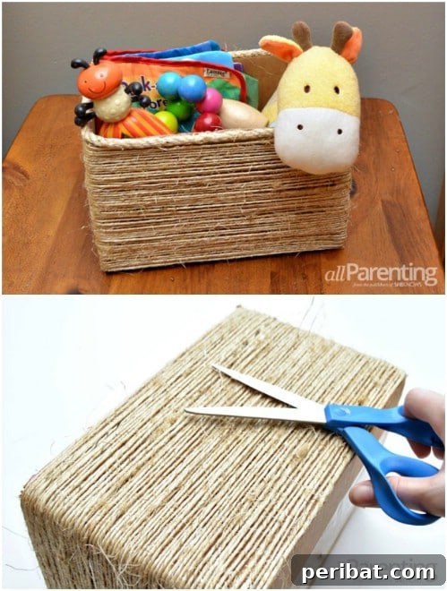 Crafting Rustic Style: Twine Decor for Indoors and Outdoors 38 Large cardboard box transformed into a twine-wrapped toy box