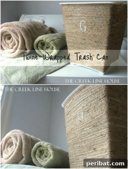 Crafting Rustic Style: Twine Decor for Indoors and Outdoors 39 Dollar Store trashcan transformed with twine wrapping for an upscale look