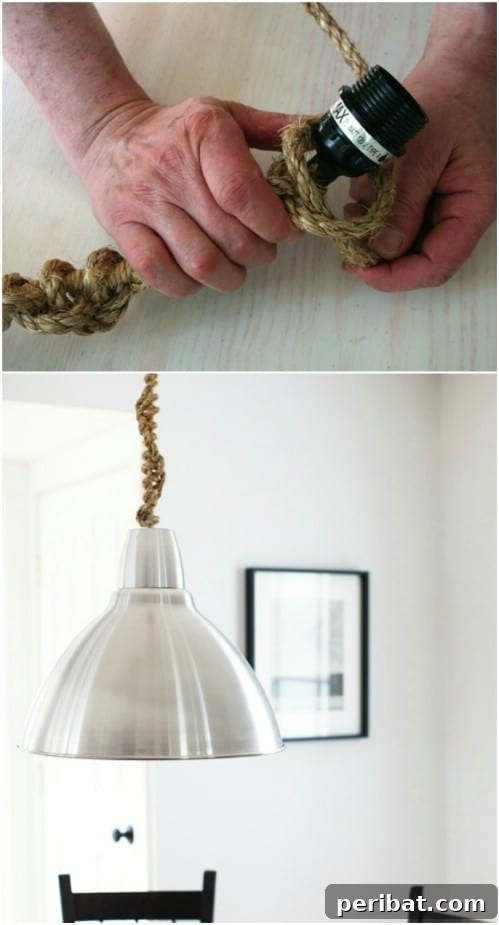 Crafting Rustic Style: Twine Decor for Indoors and Outdoors 40 Pendant lamp cord covered with knotted twine for a rustic light fixture