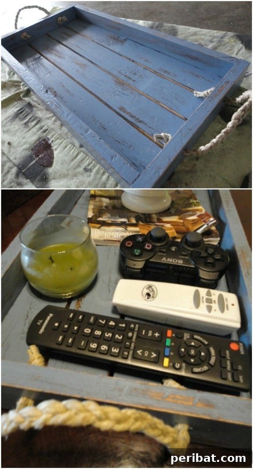 Crafting Rustic Style: Twine Decor for Indoors and Outdoors 41 Serving tray crafted from old wood with sturdy rope handles
