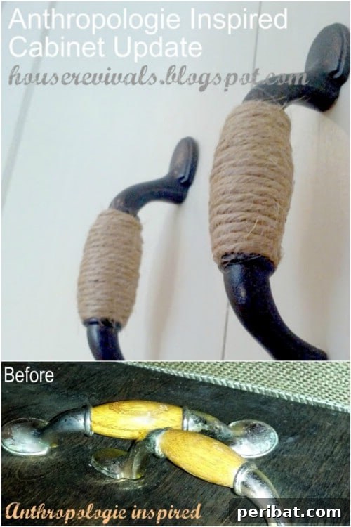 Crafting Rustic Style: Twine Decor for Indoors and Outdoors 8 Cabinet handles beautifully wrapped in twine for an Anthropologie-inspired rustic look