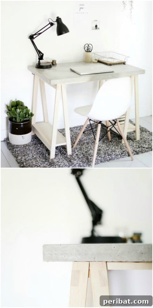40 Concrete Wonders: Ingenious Projects to Build Today 17 Robust industrial style desk with a DIY concrete desktop and wood legs