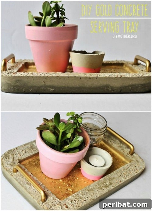 40 Concrete Wonders: Ingenious Projects to Build Today 39 Decorative DIY gold-handled concrete serving tray for display