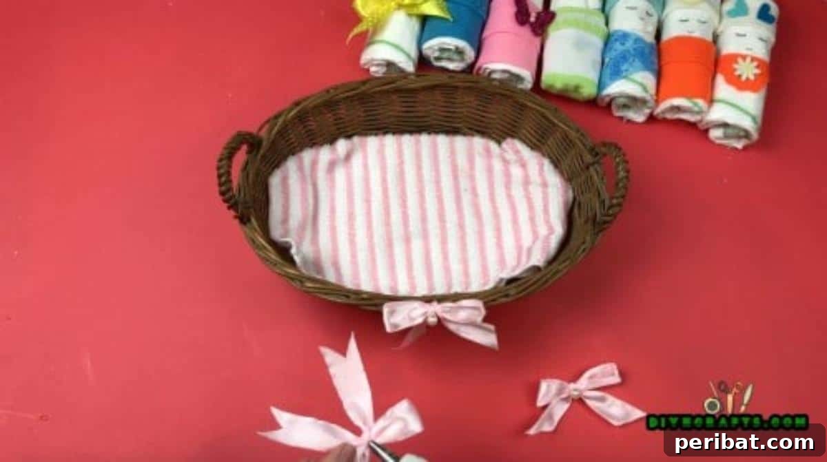 Craft a Diaper Baby Basket for a Perfect Baby Shower Gift 4 Line the bottom of a basket with a small blanket or large washcloth.